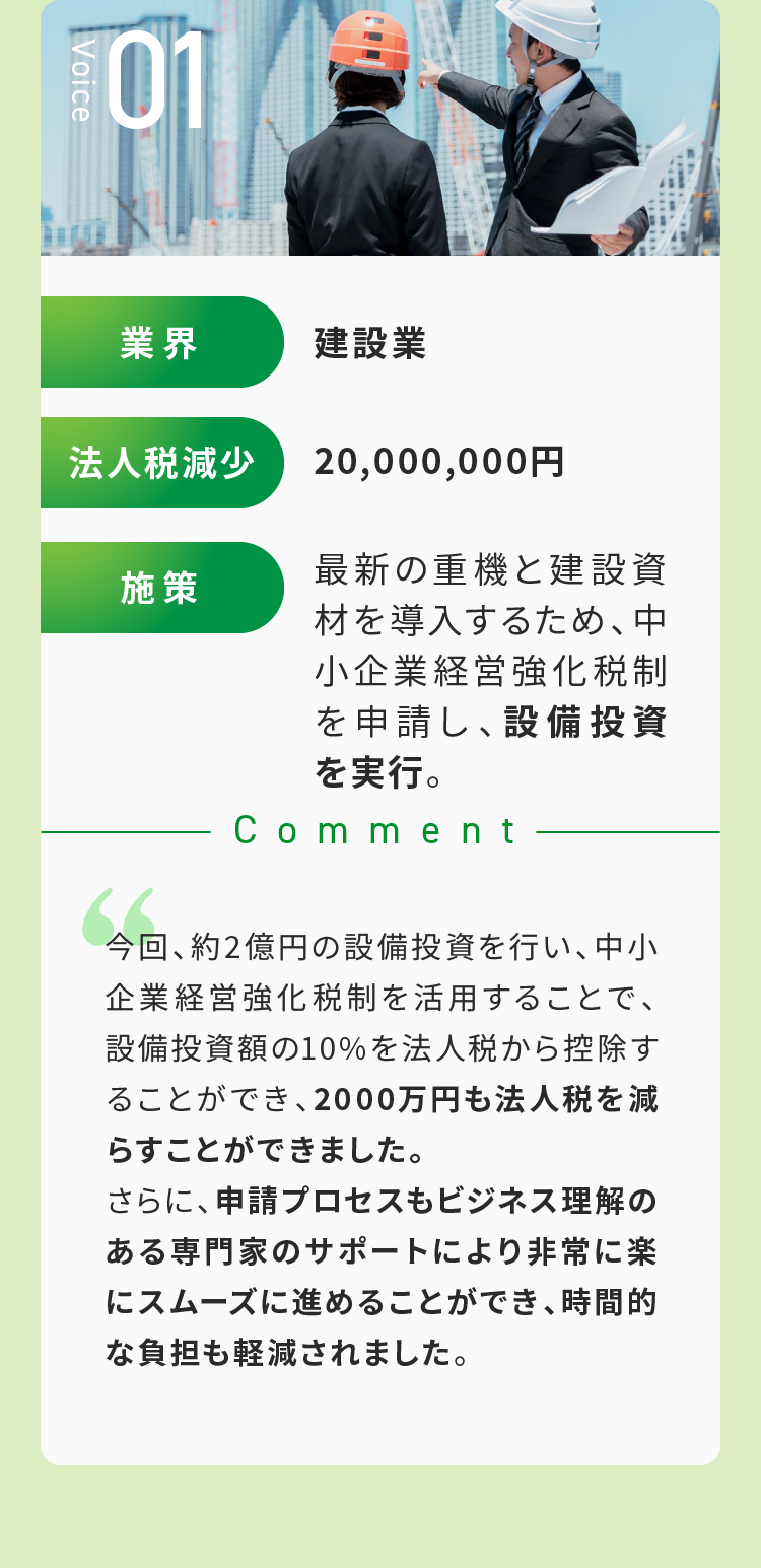 Voice01 申請プロセスもビジネス理解のある専門家のサポートにより非常に楽にスムーズに進めることができ、時間的な負担も軽減されました。