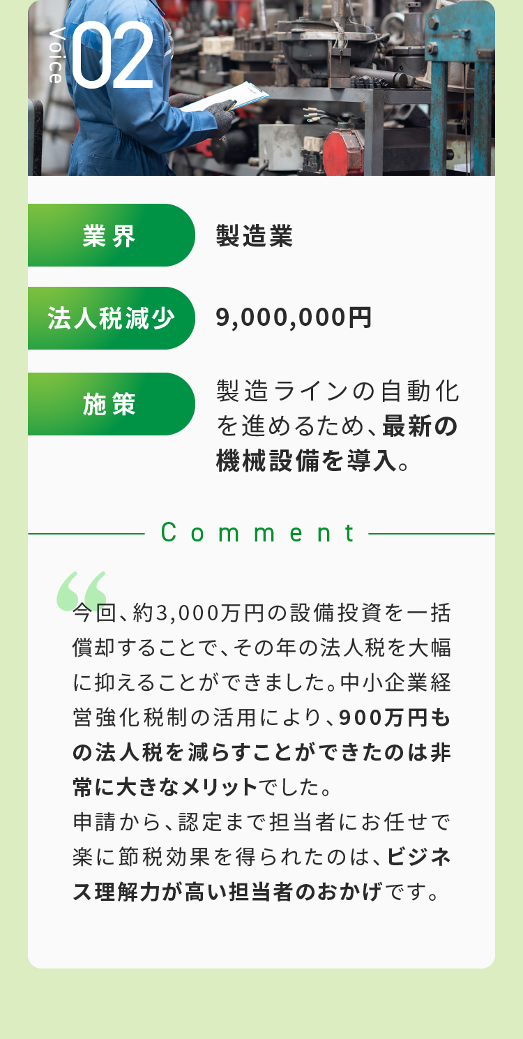 Voice02 900万円もの法人税を減らすことができたのは非常に大きなメリットでした。