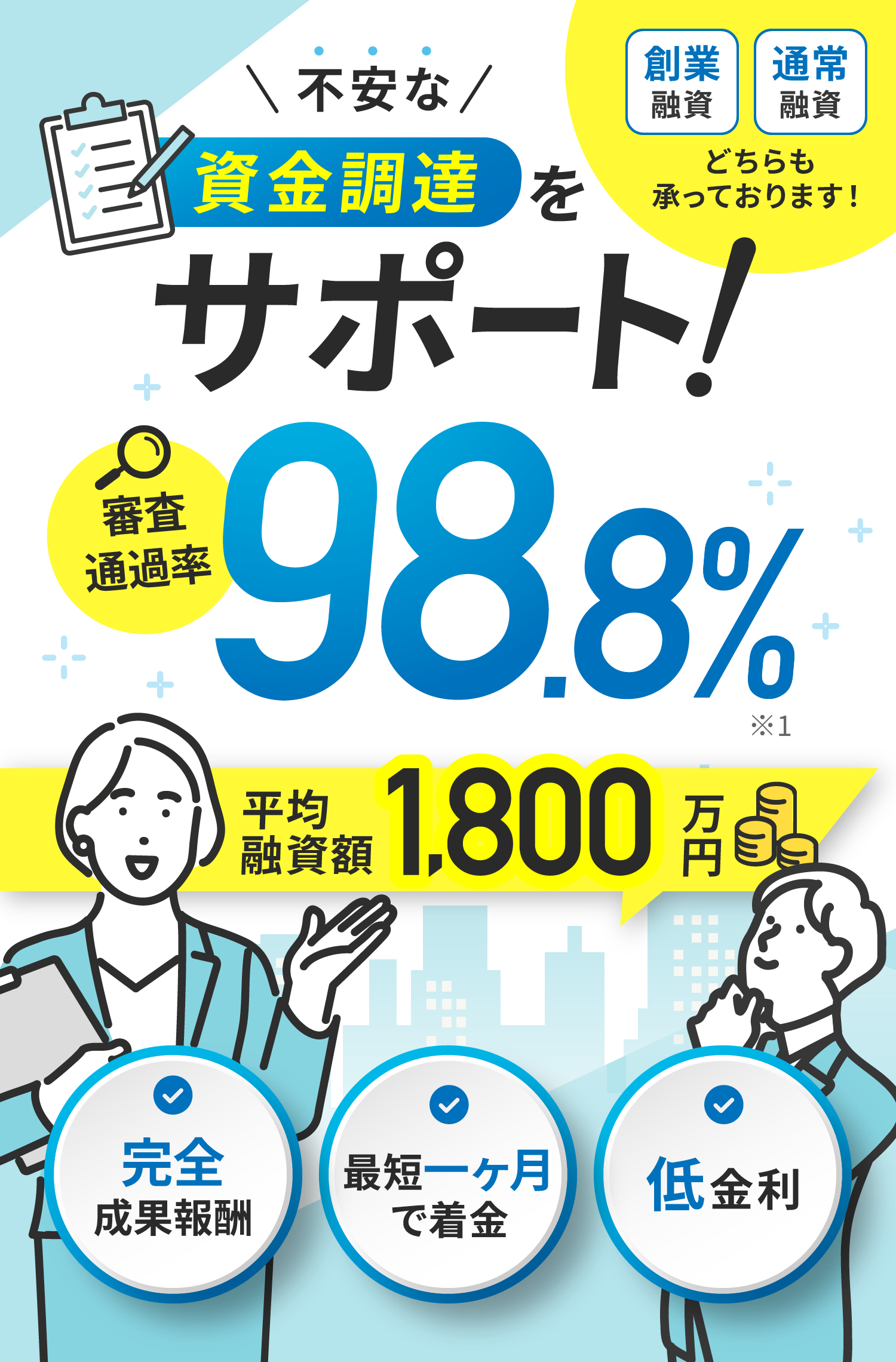 不安な創業融資手続きをサポート！審査通過率98.8％・平均融資額1800万円 完全成果報酬 最短一ケ月で着金 低金利